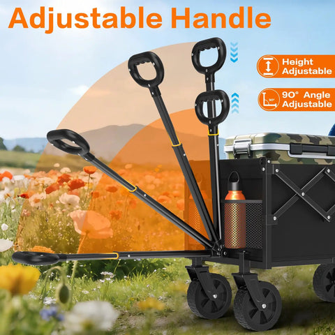 Foldable Utility Wagon Cart With Wheels, Heavy Duty Hauler Capable Of 360 Lbs shown with adjustable handle in a field