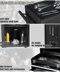 Rolling Garage Tool Organizer With Detachable Three Drawer Chest Large Storage Cabinet And Adjustable Shelf Black Heavy Duty Steel Built For Quick Portable Workshop Organization showing top work table, bottom cabinet, and lockable drawers.