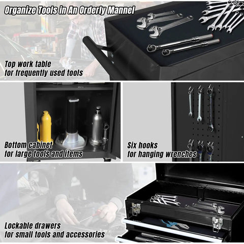 Rolling Garage Tool Organizer With Detachable Three Drawer Chest Large Storage Cabinet And Adjustable Shelf Black Heavy Duty Steel Built For Quick Portable Workshop Organization showing top work table, bottom cabinet, and lockable drawers.