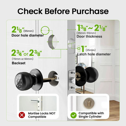 Diagram of 4 In 1 Smart Fingerprint Door Lock With Keypad showing door hole and latch sizes next to an installed black knob.
