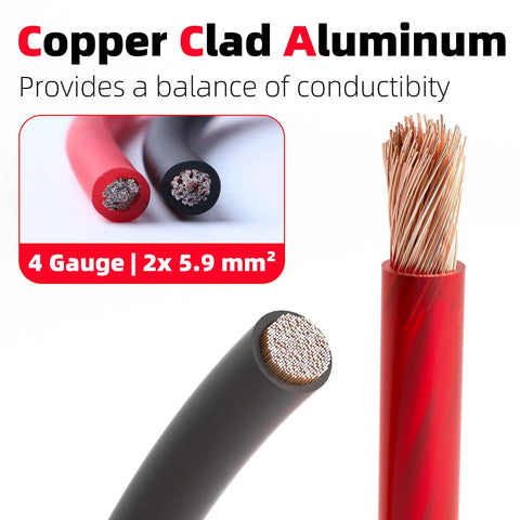 4 Gauge CCA Battery Cable Set, 26ft Red And 26ft Black With Cable Sleeves, Dual Automotive Power Ground And Car Audio Extension Cord, Copper Coated Aluminum For Beefy Conductivity In Trucks, RVs, And Marine Installs. 4 gauge red and black CCA cable ends