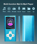 Ultra Slim 1.8 Inch MP3 Player With 16GB Micro SD Card front, side, and back view showcasing controls and vibrant display.
