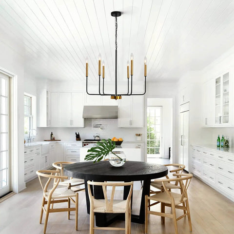 Modern Farmhouse Black And Gold 6 Light Candle Chandelier With Adjustable Height Chain And Rods Ceiling Light Fixture Above Dining Table