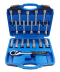 18 Piece Hub Suspension Nut Removal Tool Socket Kit For Shock Absorber Struts in blue case with heavy duty ratchet and Torx T50 bits.