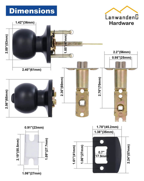 Dimensions of Matte Black Door Knobs With Lock And Keys For Interior Exterior Entry Doors ANSI Grade 3 Built To Last Tough As Nails.