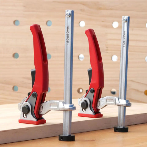Hold Down Clamp With Quick Acting Ratchet for woodworking benches, red handle, alloy steel and zinc alloy build, 19mm column
