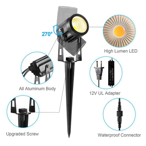 Features of 6 Pack Outdoor Landscape Lighting Kit With 1800 Lumens 12V Low Voltage Transformer IP65 Waterproof Uplights 69 Ft Cable