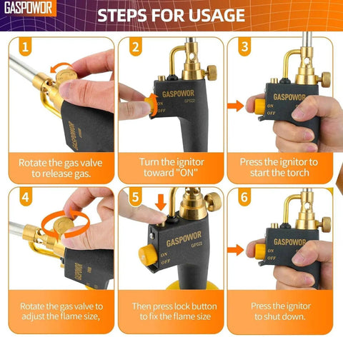 Steps to use Go-To Heavy Duty Propane Torch Kit With Trigger Start Igniter, showing ignition and flame adjustment process