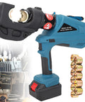 Rugged Battery Powered Electric Hydraulic Crimping Pliers With Slick Automatic Press Function And Heavy Duty Copper Wire Termination For Pro Contractors Seeking No Hassle Job Site Efficiency Plus Two 4.0 Ah Batteries And Fast Charger, close-up view