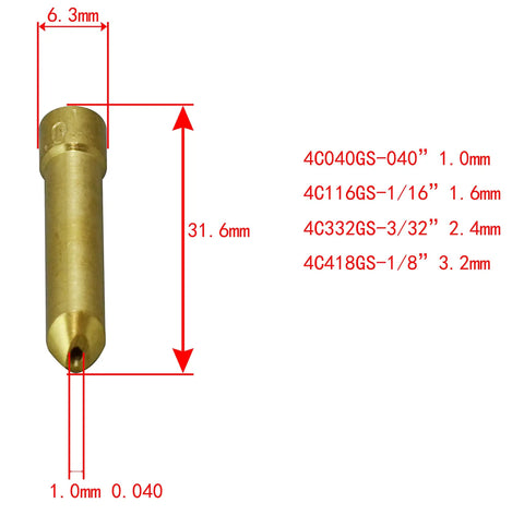 Pro Grade TIG Welding Torch Kit collet size diagram, showing measurements in inches and millimeters