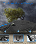 Waterproof All Weather Car Cover For Sedans And Outdoor Use Heavy Duty Full Exterior Shield showing triple windproof design.