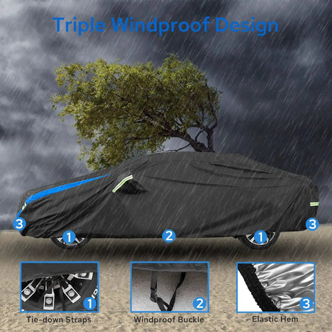 Waterproof All Weather Car Cover For Sedans And Outdoor Use Heavy Duty Full Exterior Shield showing triple windproof design.