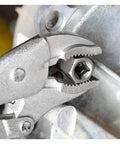 Close-up of Spiral Type Deep Bolt Extractor Set, Chrome Vanadium Steel, gripping a rusted bolt for auto repair, five-piece tool kit.