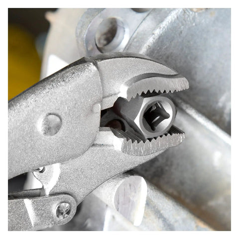 Close-up of Spiral Type Deep Bolt Extractor Set, Chrome Vanadium Steel, gripping a rusted bolt for auto repair, five-piece tool kit.