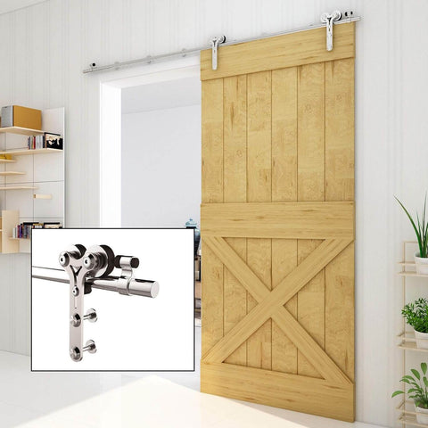 8Ft Stainless Steel Sliding Barn Door Hardware Kit With Quiet Glide installed on wooden door in home interior