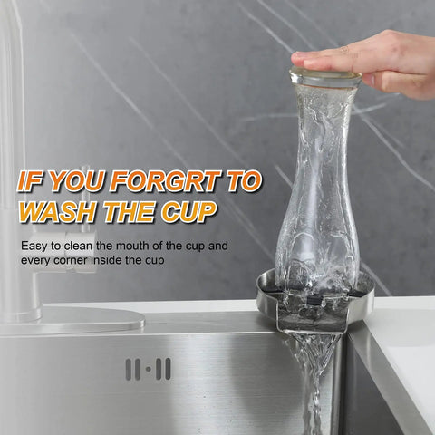 Stainless Steel Glass Rinser With 360 Degree Rotating Spray for Kitchen Sink in action, rinsing a bottle, brushed finish, no fuss cleanup.
