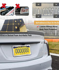 Car with Stainless Steel License Plate Frame And Cover Kit With Clear Flat Shield installed, featuring adhesive foam pads.