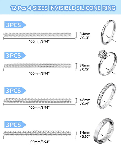 Invisible Ring Guards Kit With Spiral Silicone Size Adjusters 16 Pack In 4 Sizes For Loose Rings, size and installation view