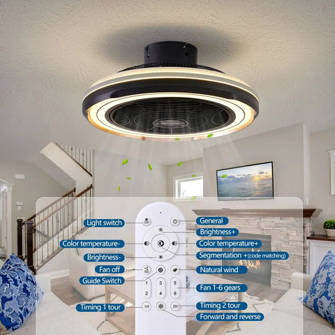 Low Profile Flush Mount Ceiling Fan With Lights, 19 Inch Bladeless Ceiling Fan, Remote Control displayed in living room