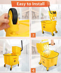 No Sweat Heavy Duty Commercial Mop Bucket On Wheels With Side Press Wringer And 35 Quart Size installation steps shown.