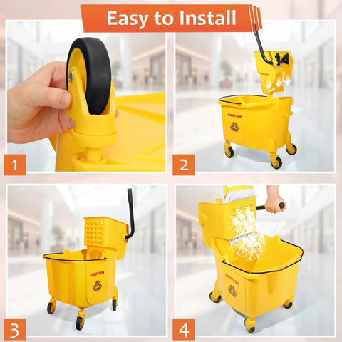 No Sweat Heavy Duty Commercial Mop Bucket On Wheels With Side Press Wringer And 35 Quart Size installation steps shown.