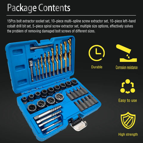 40 Piece Bolt Extractor Set with Left Hand Cobalt Drill Bits, multi spline and spiral screw extractors in blue case