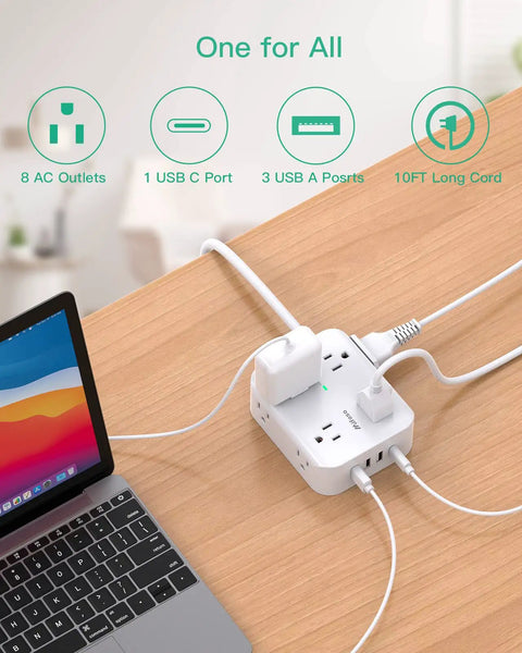 Beefy 12-Device Power Strip With 10Ft Cord Flat Plug Wall Mount 8 AC Outlets And 4 USB Ports on desk, charging laptop