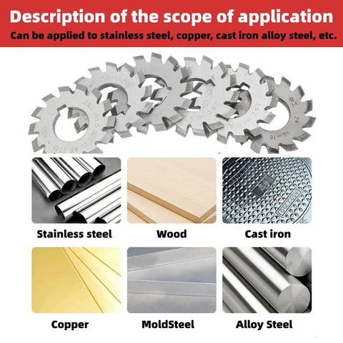 8 Piece Gear Cutter Set HSS Milling Cutters with 20 Degree Pressure Angle, suitable for various materials like steel and copper.