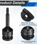 Three Piece 1/2 Inch Drive Torx T30 Socket Set, 6 Point Star Sockets, Chrome Molybdenum Steel, product details view.