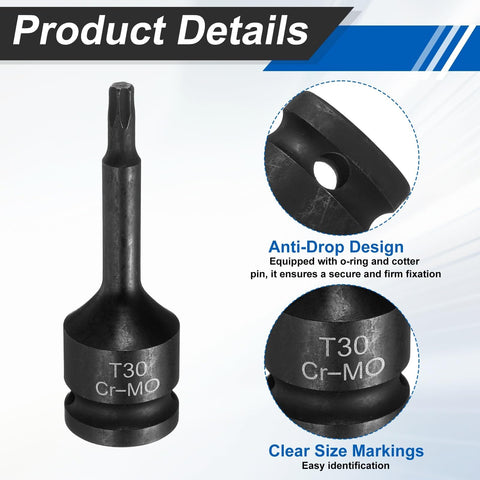 Three Piece 1/2 Inch Drive Torx T30 Socket Set, 6 Point Star Sockets, Chrome Molybdenum Steel, product details view.
