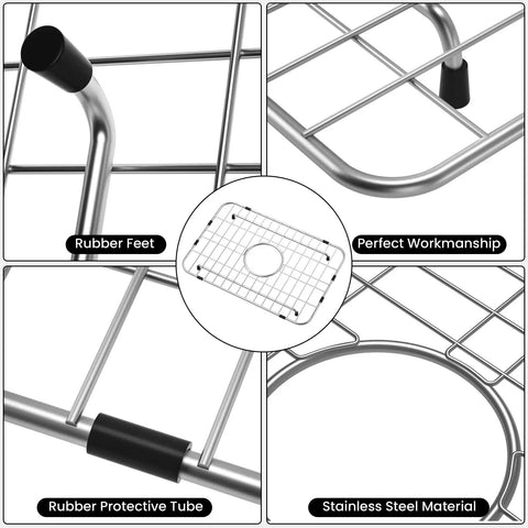 Heavy Duty Stainless Steel Kitchen Sink Grid With Centered Drain And Rounded Corners features rubber feet and protective tubes.