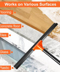 Pro Grade Heavy Duty Floor Squeegee With Long Handle, 18 Inch Rubber Blade, shown on various surfaces like concrete, tile, and glass.