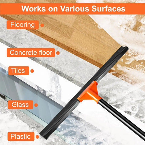 Pro Grade Heavy Duty Floor Squeegee With Long Handle, 18 Inch Rubber Blade, shown on various surfaces like concrete, tile, and glass.