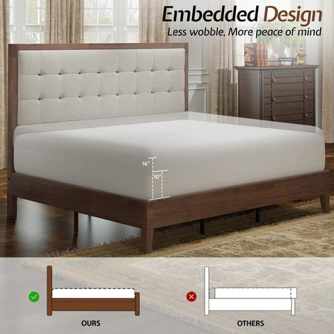 Top Shelf King Bed Frame Crafted From Solid Hardwood With A Fifty Inch Tall Tufted Linen Headboard And Rich Walnut Finish showing embedded design
