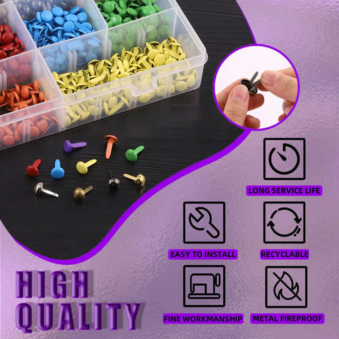Straight Fire 1000 Piece Assorted Metal Paper Brads Kit In Ten Bold Hues featuring a variety of colorful fasteners in a storage box.
