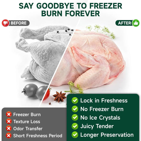Poultry Shrink Bags Pack Of 50, 13X18 Clear Heat Shrink Wrap Bags, BPA Free Freezer Bags for turkey showing before and after use results.