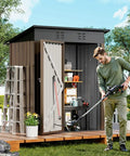 Man using garden tool next to Durable Metal Outdoor Shed With Lockable Doors And Sloped Roof Air Vent 5x3 Ft Brown Garden Tool Storage For Backyard Patio Lawn Poolside Weather Resistant And Secure Metal Garage Style Storage
