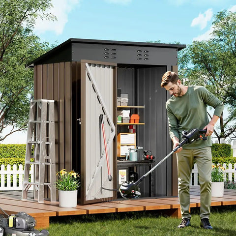 Man using garden tool next to Durable Metal Outdoor Shed With Lockable Doors And Sloped Roof Air Vent 5x3 Ft Brown Garden Tool Storage For Backyard Patio Lawn Poolside Weather Resistant And Secure Metal Garage Style Storage