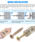 Installation steps for 100 Count Drywall Self Drilling Anchors And Screws Kit For Quick Mounts In Gypsum Board, with close-up view of metal anchors and screws.