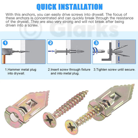 Installation steps for 100 Count Drywall Self Drilling Anchors And Screws Kit For Quick Mounts In Gypsum Board, with close-up view of metal anchors and screws.