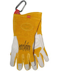 Rugged Cow Grain Welding Gloves For Mig And Stick, Unlined Yet Cushioned Palm, White Gold, Size Medium, hanging with a carabiner