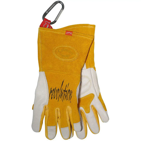 Rugged Cow Grain Welding Gloves For Mig And Stick, Unlined Yet Cushioned Palm, White Gold, Size Medium, hanging with a carabiner