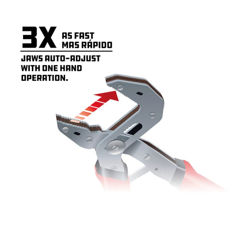7 Inch Self Adjusting Pliers With Spring Loaded One Hand Power Grip showing auto-adjusting jaws for bolts and pipes in use.