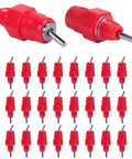 Screw Style Automatic Chicken Waterer Nipples 30 Pack showing red screw-on poultry drinkers for hens and ducks.
