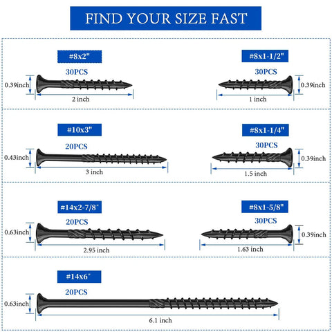 180 Piece Wood Screw Kit For Diy Projects With Pro Grade Star Drive Deck Screws And Exterior Epoxy Coating, Rust Resistant Outdoor Wood Screws, Includes Seven Popular Sizes 8 10 14 And 3 Star Drive Bits. Size chart of black star drive wood screws.