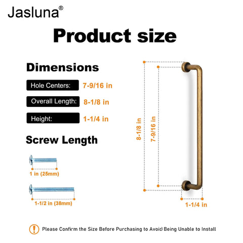 Image showing dimensions of Antique Brass Cabinet Pulls 5-Pack, 7-9/16 Inch Center Bar Drawer Handles For Kitchen Cupboards And Dressers.
