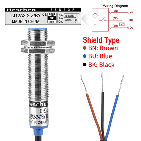 Inductive Proximity Sensor Switch M12 Shield Type LJ12A3-2-Z/BY, 2mm Detection Range, 10-30V DC, 200mA, 3-wire cables visible