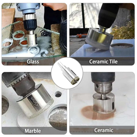 Qjaiune 1-inch diamond hole saw with pilot drill bit, silver metal, for glass, ceramic tile, and marble.