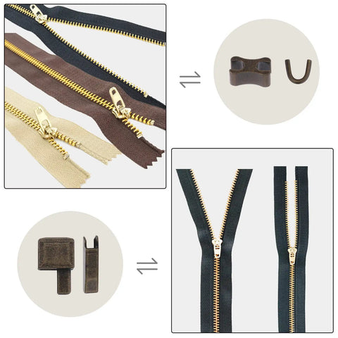 60 Piece Heavy Duty Metal Zipper Repair Kit For Jackets Luggage And Outdoor Gear Universal Zipper Fix With Top And Bottom Stops And Insertion Pins Includes 12 Sets Of Repair Pins And Stops Compatible With YKK And Ideal, close-up of zippers and repair pins