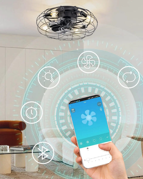 Remote control features of 18-Inch Caged Flush Mount Ceiling Fan With Lights And Remote, Cool Low-Profile Black Rustic Farmhouse Modern Ceiling Fan For Bedroom Kitchen Dining, 6-Speed Timed Operation Kid-Safe Design